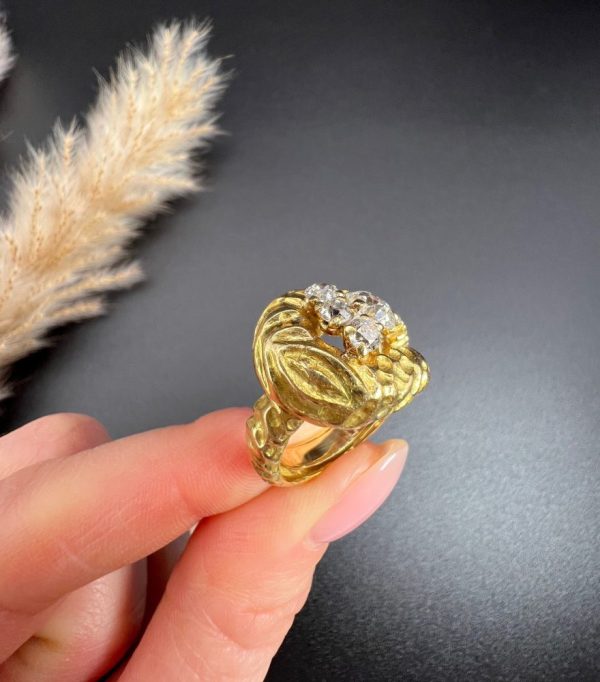 Vintage French 1950s Hammered 18ct Yellow Gold Diamond Buckle Ring, 18ct yellow gold buckle ring with unique hammered finish adorned with diamonds