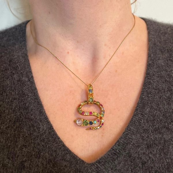 Multi Gemstone Set 18ct Yellow Gold Snake Serpent Pendant with moonstone, turquoise, sapphire, ruby, diamond, citrine, garnet, chrysoberyl and rock crystal