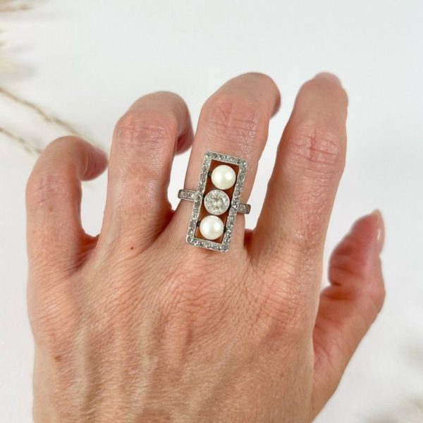 Edwardian Antique Pearl and Old Cut Diamond Three Stone Trilogy Plaque Tablet Ring