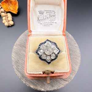 Vintage 1940s Old Cut Diamond and Calibre Sapphire Flower Cluster Engagement Ring in Platinum and 18ct Yellow Gold