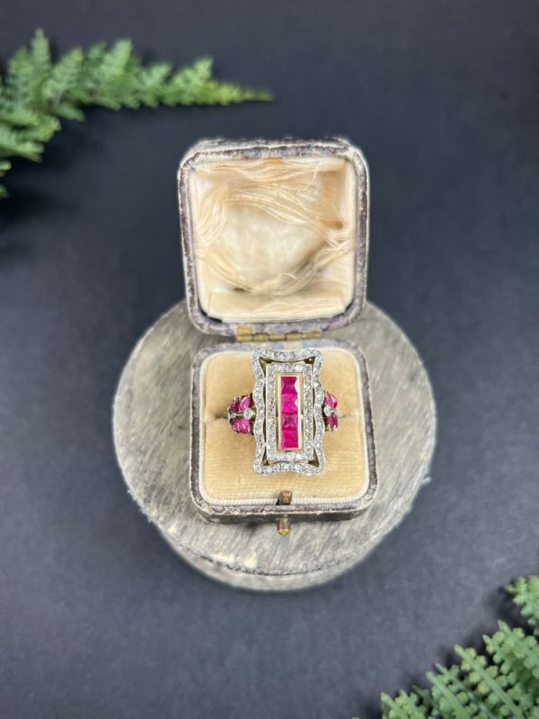 Edwardian Antique Ruby and Diamond Rectangular Cluster Tablet Plaque Ring, Central row of calibre rubies surrounded by rectangular halo of diamonds in 18ct gold