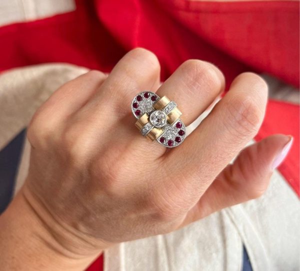 Art Deco French Diamond and Ruby Bow Cluster Statement Cocktail Ring in 18ct yellow gold. Circa 1920s