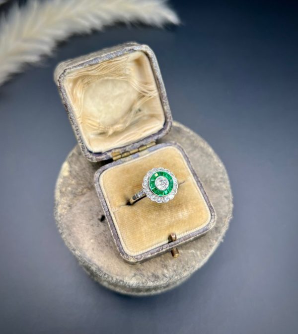 Platinum, Art Deco Style Calibrated Emerald & Old Cut Diamond Target Ring