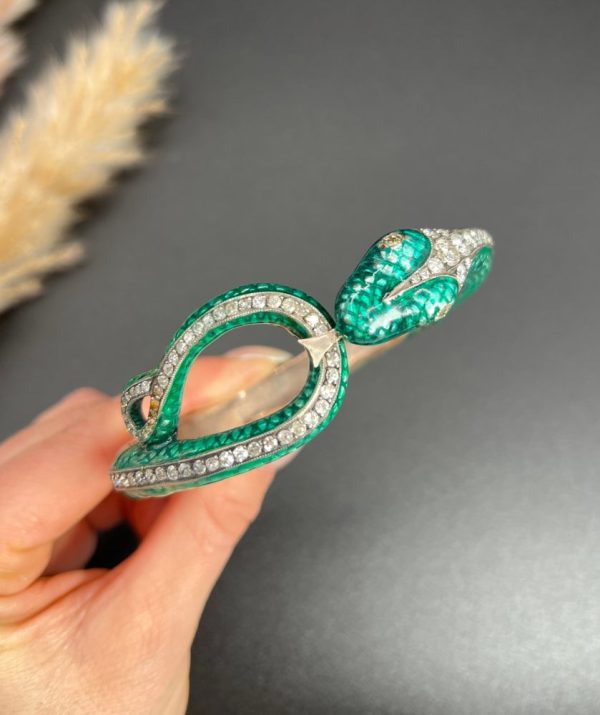 Vintage Green Enamel and 6ct Diamond Snake Bangle Bracelet, Vibrant green enamel and 6 carats of diamonds in silver upon gold Circa 1980s