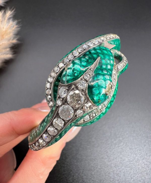 Vintage Green Enamel and 6ct Diamond Snake Bangle Bracelet, Vibrant green enamel and 6 carats of diamonds in silver upon gold Circa 1980s
