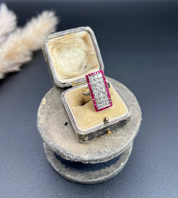Vintage Antique Art Deco 3ct Old Cut Diamond and Ruby Cluster Tablet Plaque Ring in Platinum and 18ct Yellow Gold, Circa 1920s