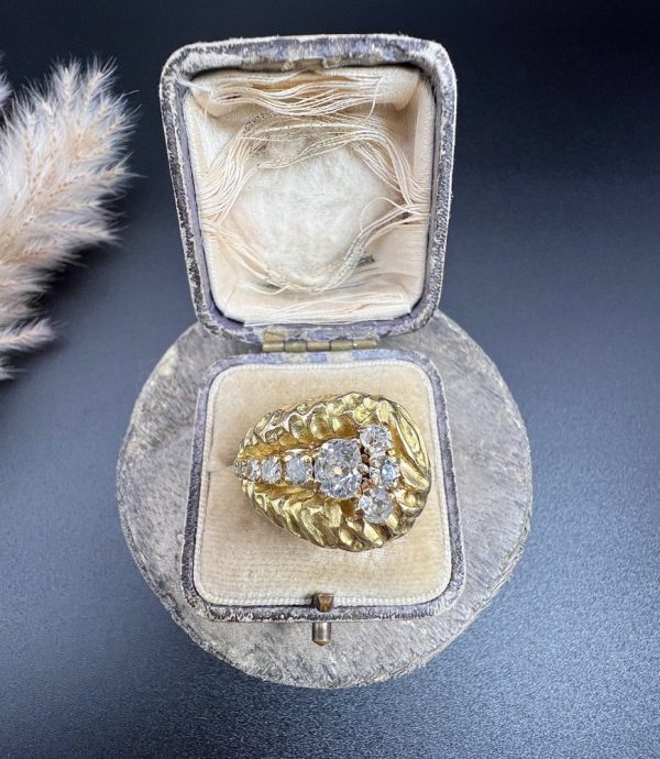 Vintage French 1950s Hammered 18ct Yellow Gold Diamond Buckle Ring, 18ct yellow gold buckle ring with unique hammered finish adorned with diamonds