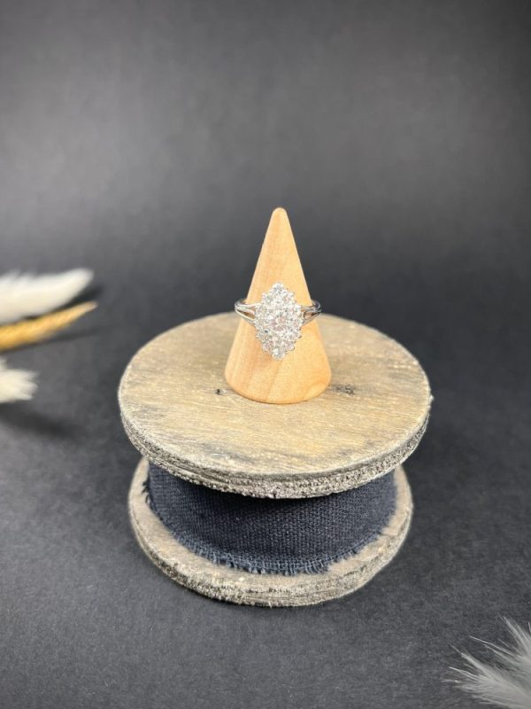 Vintage French 2ct Diamond Marquise Navette Cluster Ring, marquise navette-shaped body set with 2 carats of brilliant cut diamonds in 18ct white gold, with fancy split-shoulders and reeded band. Circa 1980s