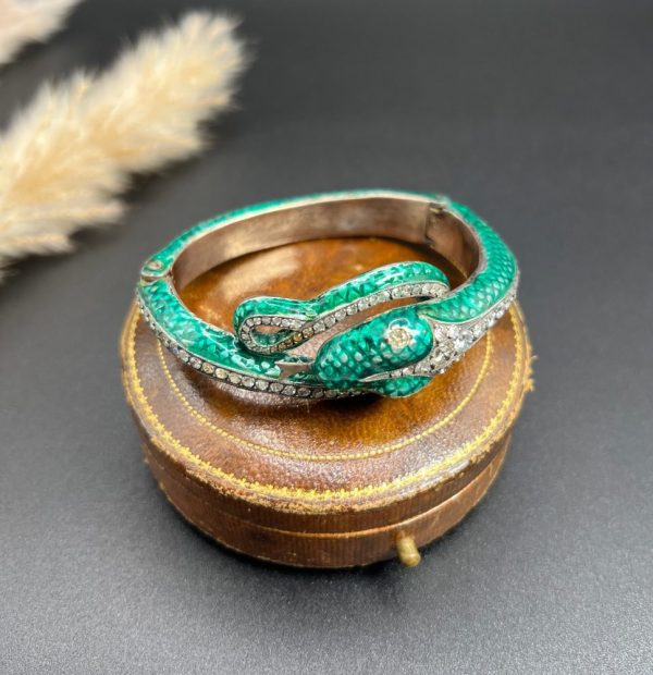Vintage Green Enamel and 6ct Diamond Snake Bangle Bracelet, Vibrant green enamel and 6 carats of diamonds in silver upon gold Circa 1980s