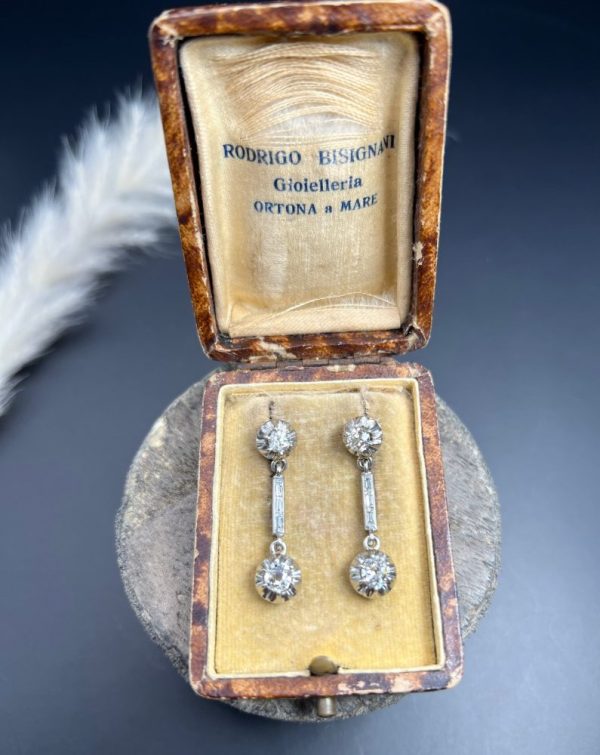 Antique Art Deco 1.6ct Old Cut Diamond Dormeuse Drop Earrings, elegant long baguette-cut diamond stems with old European-cut diamonds top and bottom in platinum to 18ct yellow gold