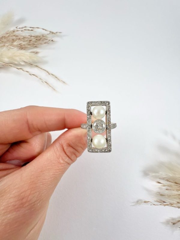 Edwardian Antique Pearl and Old Cut Diamond Three Stone Trilogy Plaque Tablet Ring