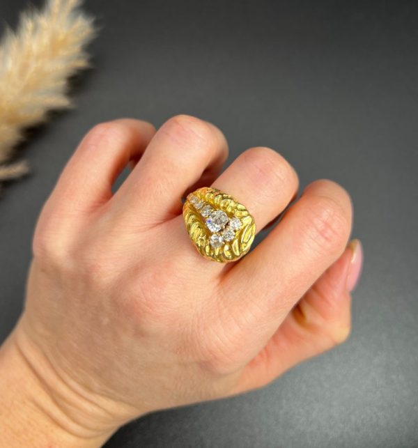Vintage French 1950s Hammered 18ct Yellow Gold Diamond Buckle Ring, 18ct yellow gold buckle ring with unique hammered finish adorned with diamonds