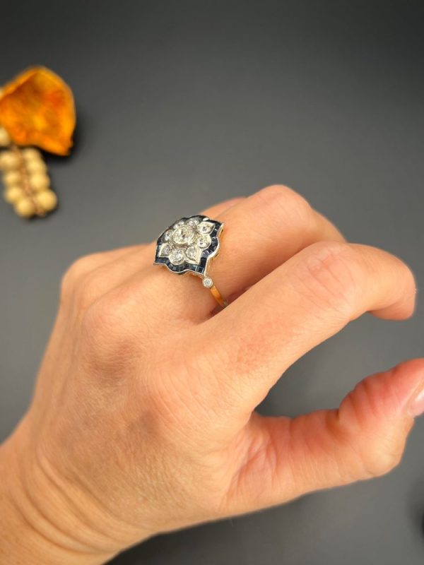 Vintage 1940s Old Cut Diamond and Calibre Sapphire Flower Cluster Engagement Ring in Platinum and 18ct Yellow Gold