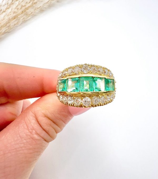 Vintage 1940s Emerald Five Stone Cluster Dress Ring in 18ct Yellow Gold, Five square step-cut emeralds framed top and bottom by a row of sparkling diamonds