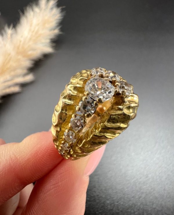 Vintage French 1950s Hammered 18ct Yellow Gold Diamond Buckle Ring, 18ct yellow gold buckle ring with unique hammered finish adorned with diamonds