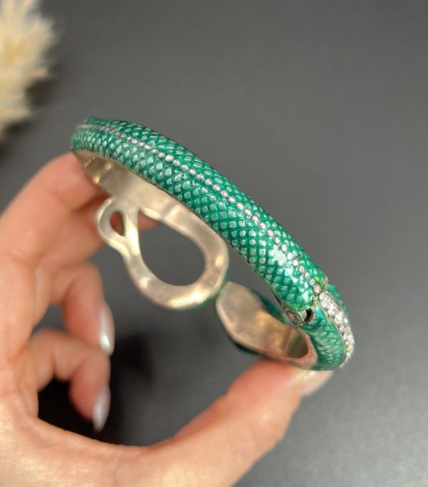 Vintage Green Enamel and 6ct Diamond Snake Bangle Bracelet, Vibrant green enamel and 6 carats of diamonds in silver upon gold Circa 1980s