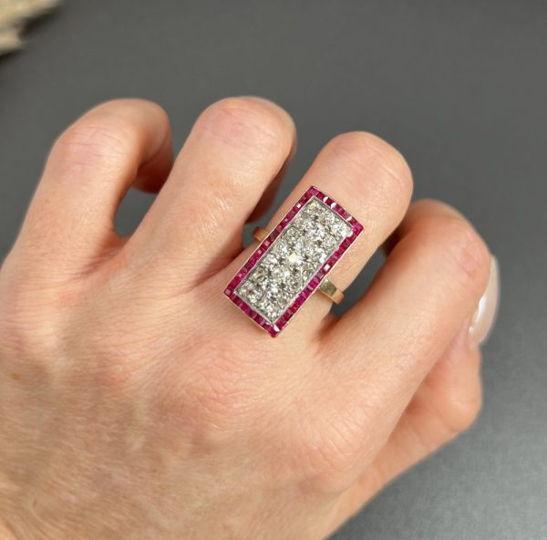 Vintage Antique Art Deco 3ct Old Cut Diamond and Ruby Cluster Tablet Plaque Ring in Platinum and 18ct Yellow Gold, Circa 1920s