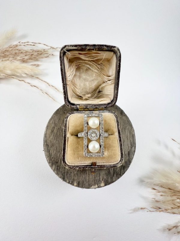 Edwardian Antique Pearl and Old Cut Diamond Three Stone Trilogy Plaque Tablet Ring