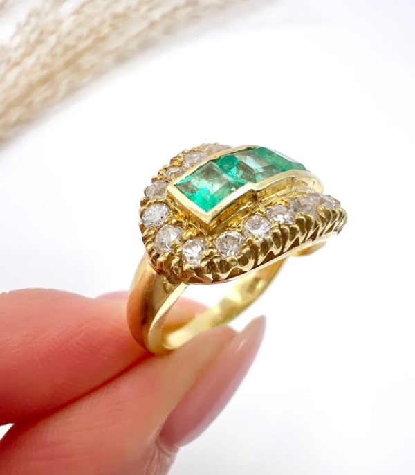 Vintage 1940s Emerald Five Stone Cluster Dress Ring in 18ct Yellow Gold, Five square step-cut emeralds framed top and bottom by a row of sparkling diamonds