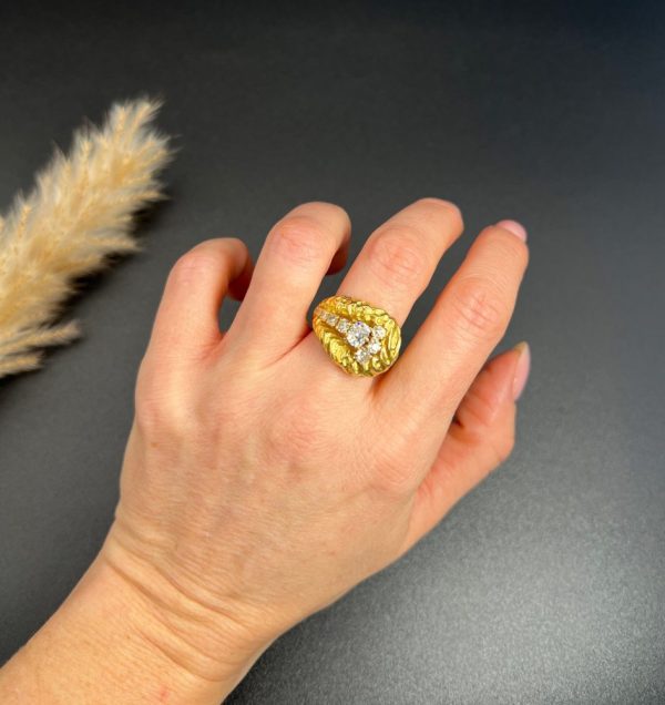 Vintage French 1950s Hammered 18ct Yellow Gold Diamond Buckle Ring, 18ct yellow gold buckle ring with unique hammered finish adorned with diamonds