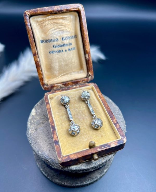 Antique Art Deco 1.6ct Old Cut Diamond Dormeuse Drop Earrings, elegant long baguette-cut diamond stems with old European-cut diamonds top and bottom in platinum to 18ct yellow gold