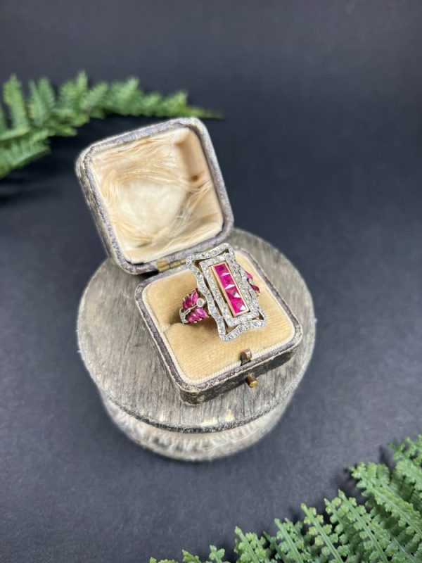 Edwardian Antique Ruby and Diamond Rectangular Cluster Tablet Plaque Ring, Central row of calibre rubies surrounded by rectangular halo of diamonds in 18ct gold