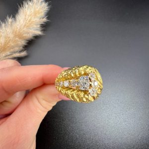 Vintage French 1950s Hammered 18ct Yellow Gold Diamond Buckle Ring, 18ct yellow gold buckle ring with unique hammered finish adorned with diamonds