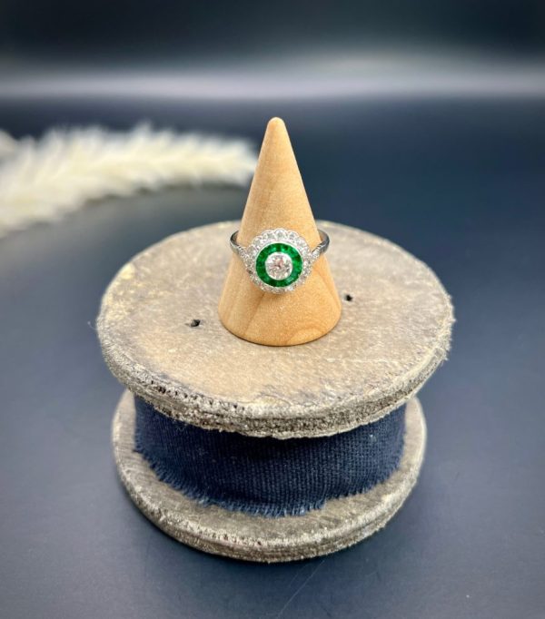 Platinum, Art Deco Style Calibrated Emerald & Old Cut Diamond Target Ring