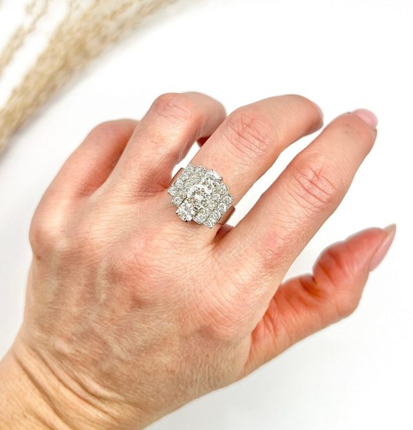 Vintage French 3.5ct Diamond Tiered Tank Cocktail Ring in 18ct White Gold and Platinum, Circa 1960s