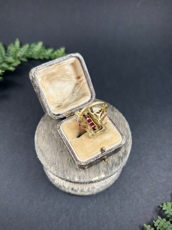 Edwardian Antique Ruby and Diamond Rectangular Cluster Tablet Plaque Ring, Central row of calibre rubies surrounded by rectangular halo of diamonds in 18ct gold