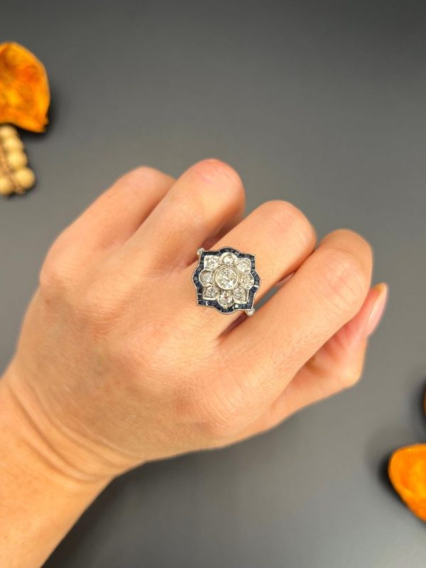 Vintage 1940s Old Cut Diamond and Calibre Sapphire Flower Cluster Engagement Ring in Platinum and 18ct Yellow Gold
