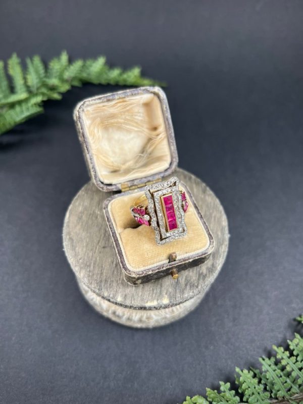 Edwardian Antique Ruby and Diamond Rectangular Cluster Tablet Plaque Ring, Central row of calibre rubies surrounded by rectangular halo of diamonds in 18ct gold