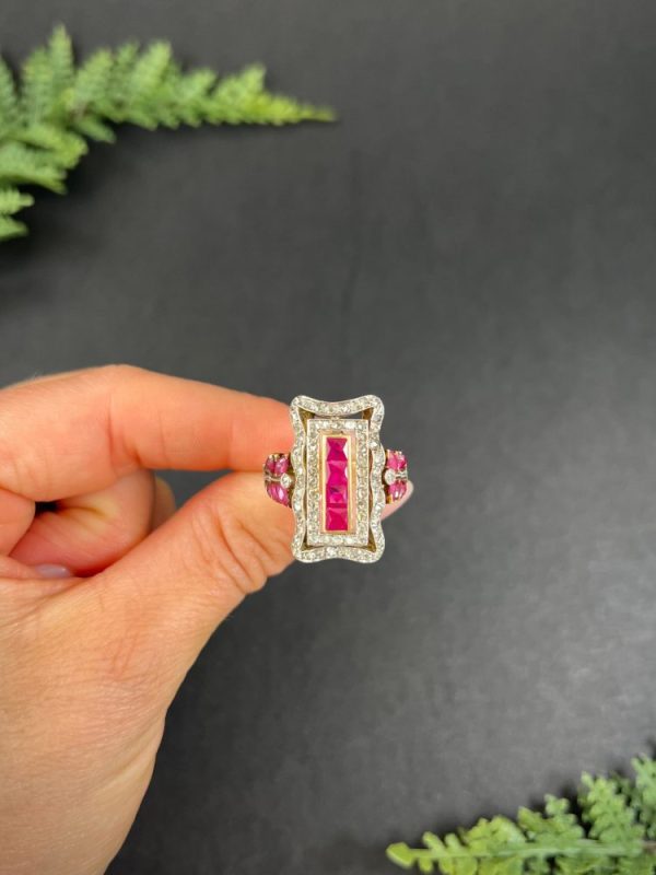 Edwardian Antique Ruby and Diamond Rectangular Cluster Tablet Plaque Ring, Central row of calibre rubies surrounded by rectangular halo of diamonds in 18ct gold