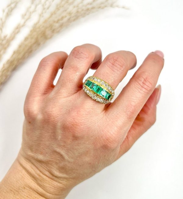 Vintage 1940s Emerald Five Stone Cluster Dress Ring in 18ct Yellow Gold, Five square step-cut emeralds framed top and bottom by a row of sparkling diamonds