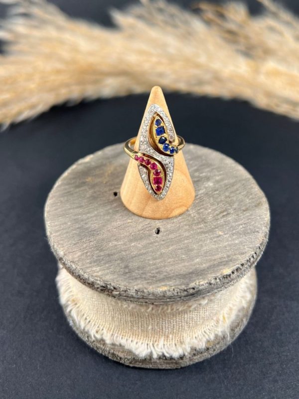 Vintage Ruby Sapphire Diamond Double Head Snake Navette Cluster Ring, marquise shaped diamond cluster ring with ruby and sapphire snake heads in 14ct gold. Circa 1950s