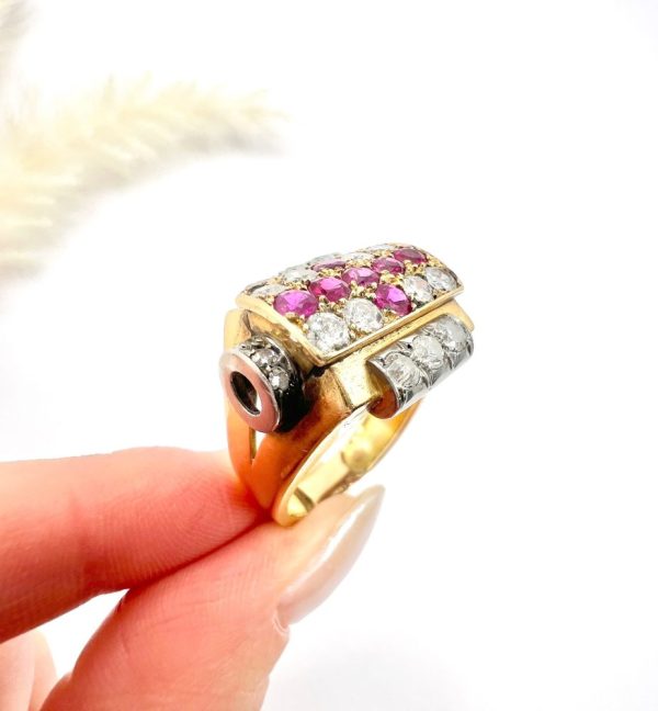 Late Art Deco French Ruby and Diamond Cross Tank Cocktail Ring, geometric statement ruby cross surrounded by sparkling diamonds with stepped shoulders in platinum to chunky 18ct yellow gold mount and band. Circa 1930s