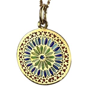 French Window Plique A Jour Enamel 18 Carat Yellow Gold Pendant Medal