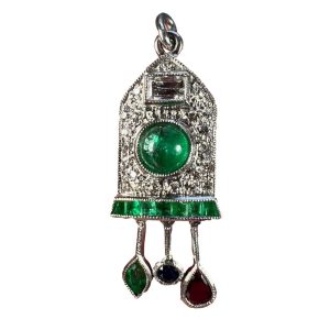Art Deco Emerald and Diamond Pendant with Ruby Sapphire, platinum charm pendant designed as a diamond and emerald cuckoo clock with sapphire, ruby and emerald weights and pendulum