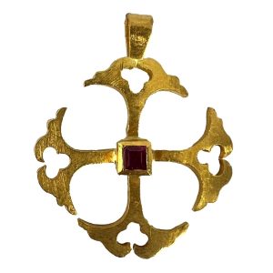 Vintage 24 Carat Yellow Gold Ruby Cross Pendant