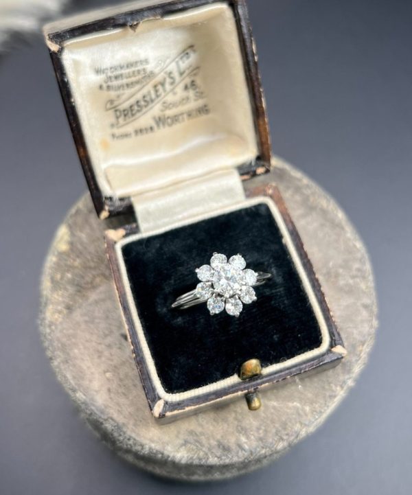 Vintage 1.50ct Diamond Daisy Cluster Engagement Ring in Platinum, 1.50 carats of sparkling diamonds arranged in timeless floral design in platinum