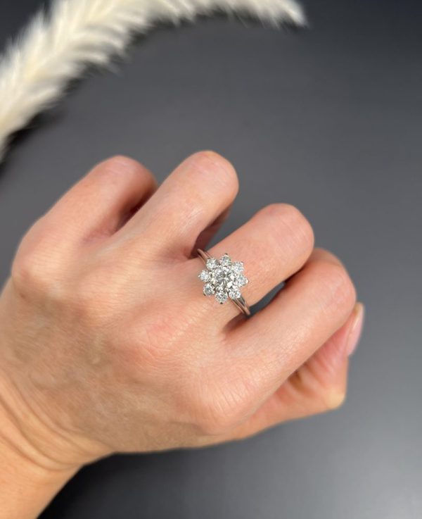 Vintage 1.50ct Diamond Daisy Cluster Engagement Ring in Platinum, 1.50 carats of sparkling diamonds arranged in timeless floral design in platinum
