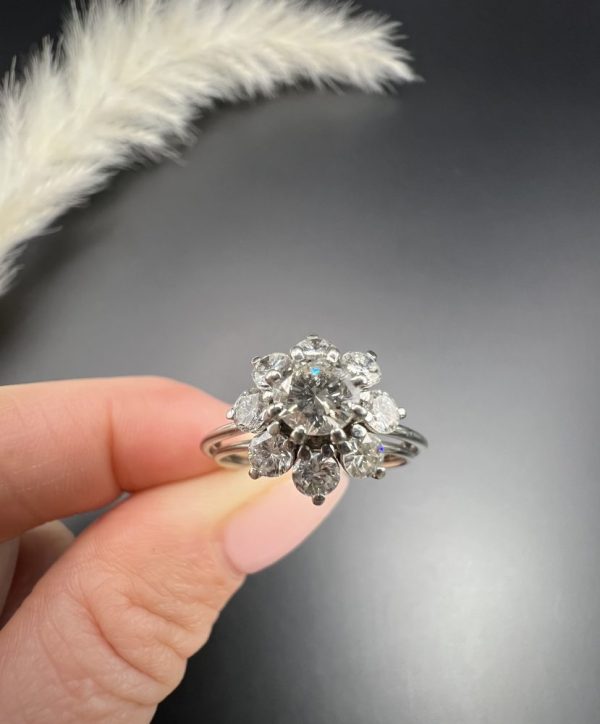 Vintage 1.50ct Diamond Daisy Cluster Engagement Ring in Platinum, 1.50 carats of sparkling diamonds arranged in timeless floral design in platinum