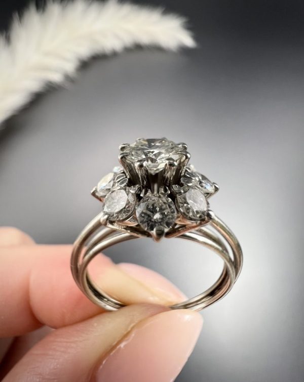 Vintage 1.50ct Diamond Daisy Cluster Engagement Ring in Platinum, 1.50 carats of sparkling diamonds arranged in timeless floral design in platinum