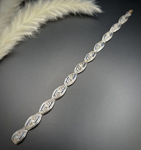 Edwardian Antique Old Cut Diamond and Sapphire Oval Fancy Link Bracelet, Each link set with old cut diamonds accented with calibre sapphire edges in platinum to 18ct yellow gold