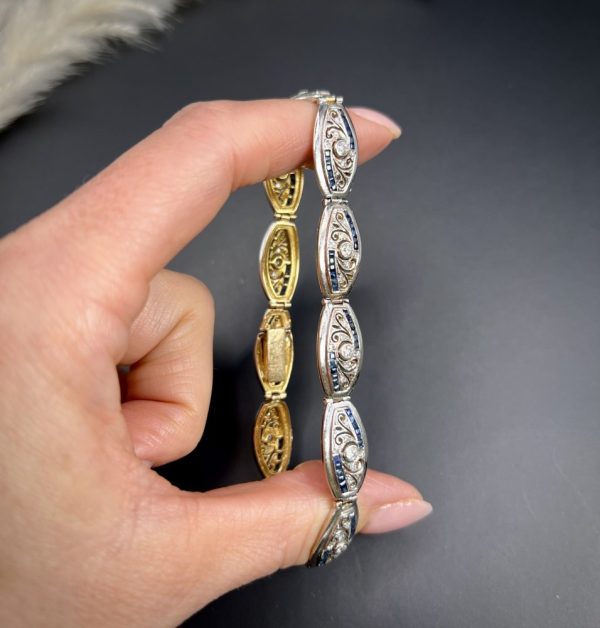 Edwardian Antique Old Cut Diamond and Sapphire Oval Fancy Link Bracelet, Each link set with old cut diamonds accented with calibre sapphire edges in platinum to 18ct yellow gold