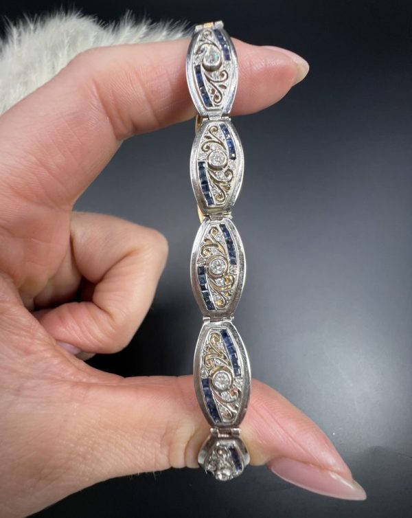 Edwardian Antique Old Cut Diamond and Sapphire Oval Fancy Link Bracelet, Each link set with old cut diamonds accented with calibre sapphire edges in platinum to 18ct yellow gold