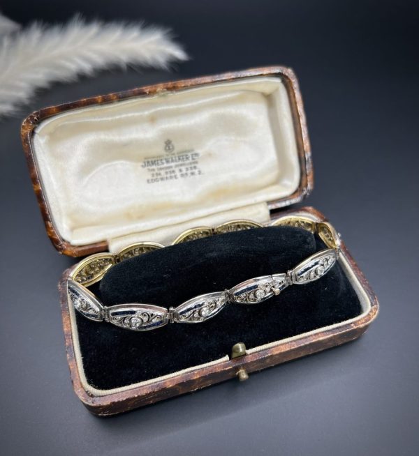 Edwardian Antique Old Cut Diamond and Sapphire Oval Fancy Link Bracelet, Each link set with old cut diamonds accented with calibre sapphire edges in platinum to 18ct yellow gold