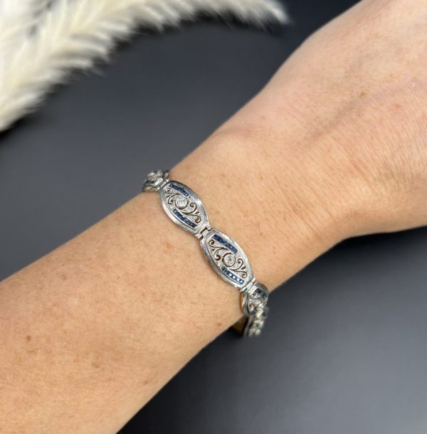 Edwardian Antique Old Cut Diamond and Sapphire Oval Fancy Link Bracelet, Each link set with old cut diamonds accented with calibre sapphire edges in platinum to 18ct yellow gold