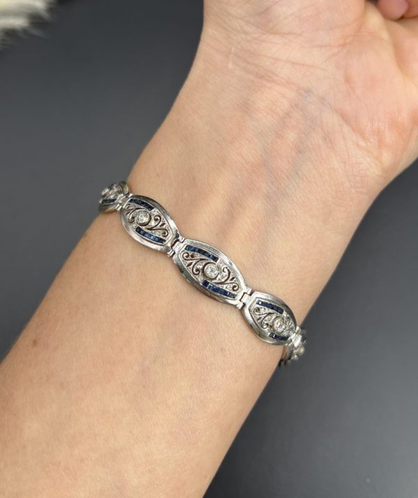 Edwardian Antique Old Cut Diamond and Sapphire Oval Fancy Link Bracelet, Each link set with old cut diamonds accented with calibre sapphire edges in platinum to 18ct yellow gold