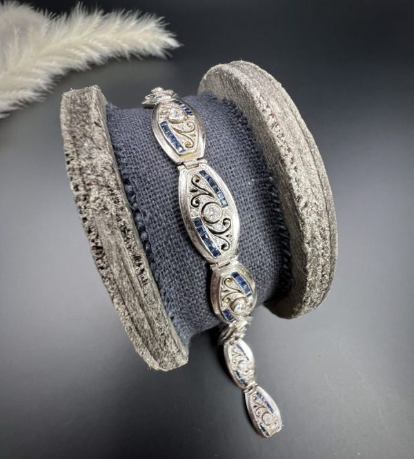 Edwardian Antique Old Cut Diamond and Sapphire Oval Fancy Link Bracelet, Each link set with old cut diamonds accented with calibre sapphire edges in platinum to 18ct yellow gold